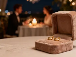 Eleganckie, złote kolczyki żyrandole z zielonymi akcentami wyeksponowane na aksamitnym stojaku w luksusowym wnętrzu.