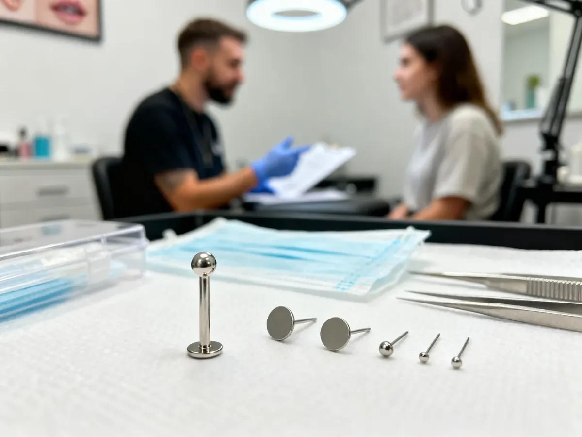 Tytanowy labret i narzędzia na stanowisku profesjonalnego piercera