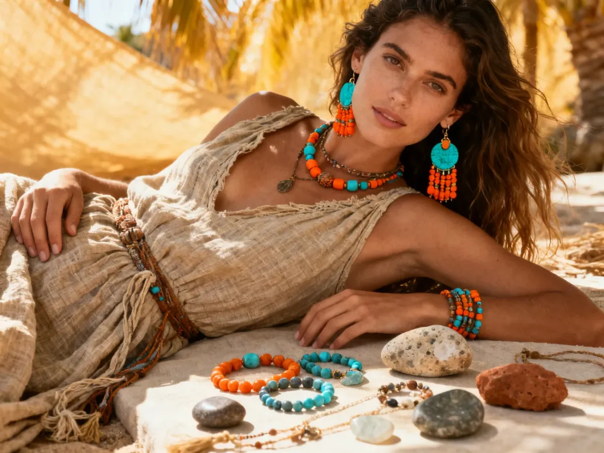 Boho letnia stylizacja z kolorowymi kolczykami z koralików