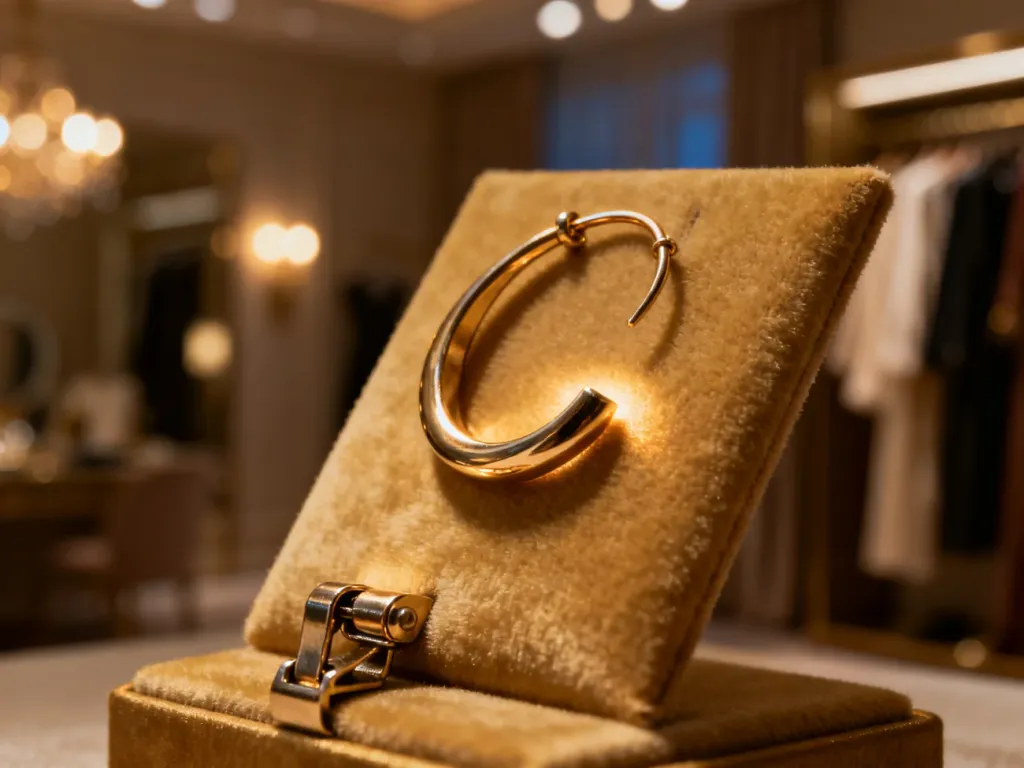 Stylowy ear cuff na aksamitnym stojaku, prezentujący mechanizm regulacji umożliwiający idealne dopasowanie do ucha.