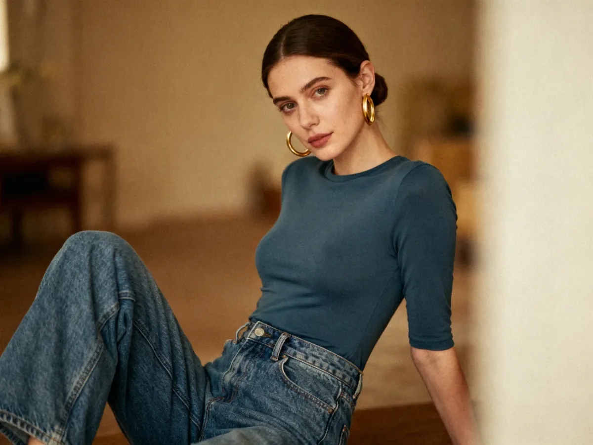 Duże złote kolczyki koła w stylizacji retro z jeansami