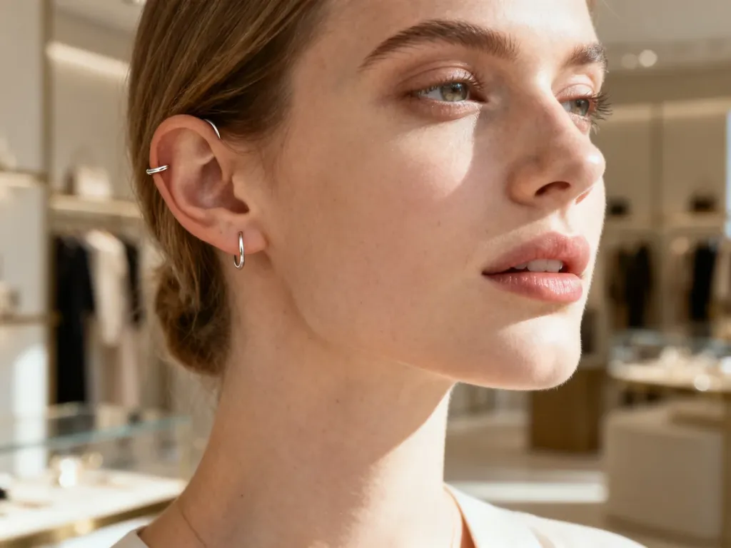 Minimalistyczny nausznik (ear cuff) na chrząstce ucha kobiety, wyeksponowany dzięki włosom zaczesanym za ucho.