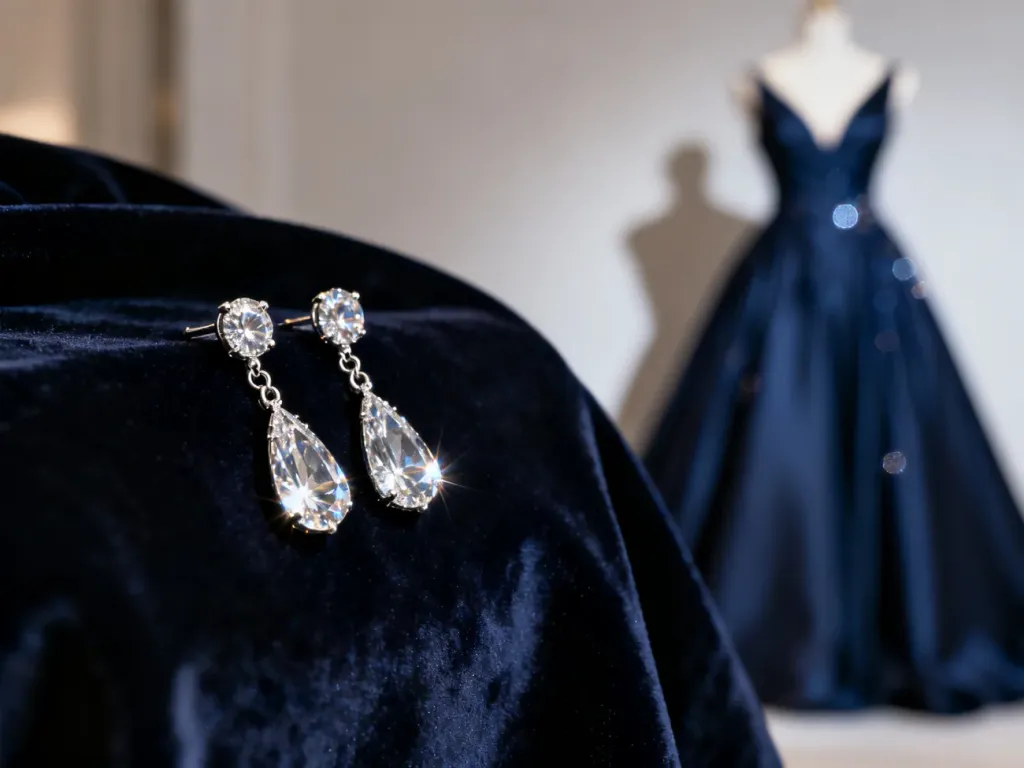 Eleganckie, wiszące kolczyki z diamentami na ciemnym aksamicie, zestawione z granatową suknią wieczorową.