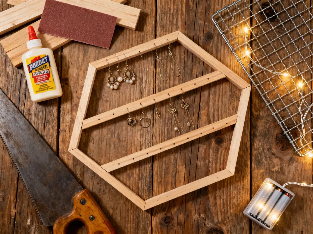 Materiały do budowy geometrycznego stojaka z drewnianych listewek