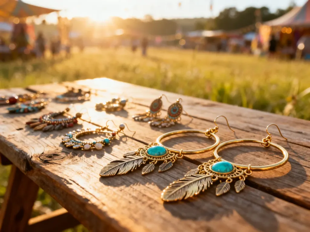 Złote kolczyki w stylu boho z turkusami i piórami na drewnianym stole, w tle rozmyta festiwalowa łąka w blasku słońca.