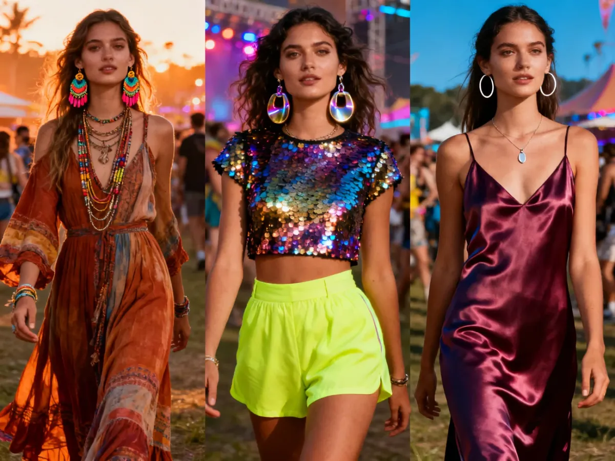 Trzy różne festiwalowe stylizacje z kolczykami boho, rave i minimalistycznymi