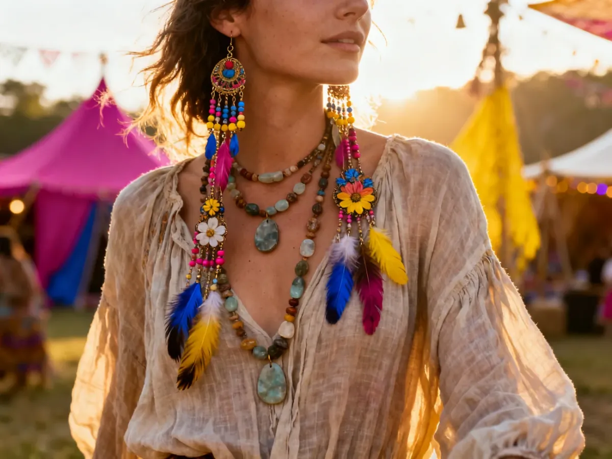 Boho festiwalowa stylizacja z kolorowymi kolczykami, piórami i kwiatowymi motywami