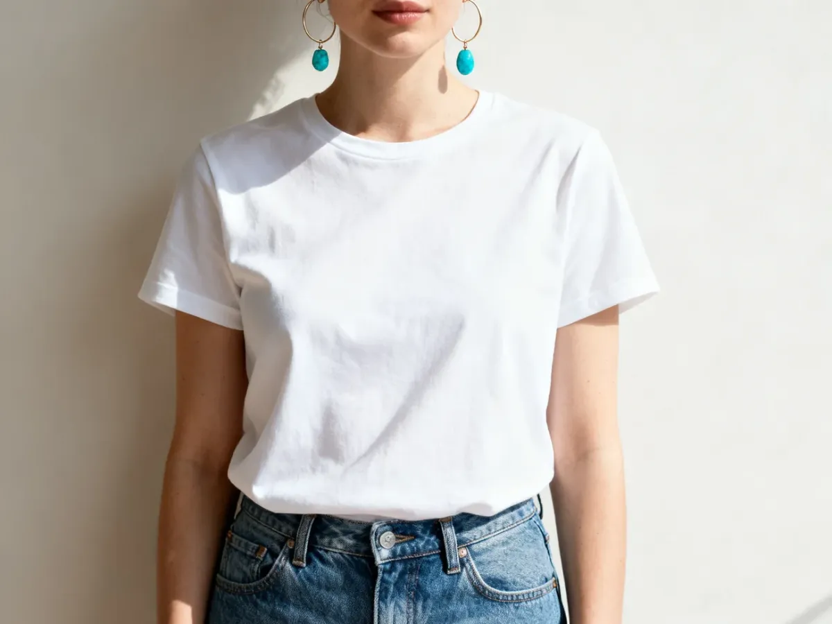 Minimalistyczne kolczyki koła z turkusowym kamieniem przy białym T-shircie